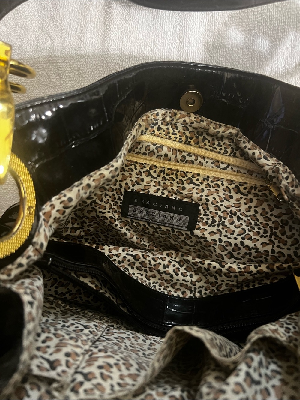Braciano Black Patent Tote with Leopard-Print Interior and Gold Accents